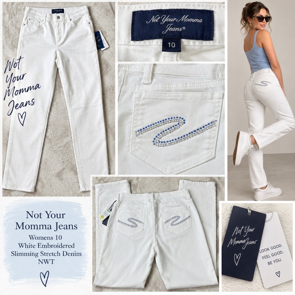 Not Your Momma Jeans Womens 10 White Embroidered Slimming Stretch Denim NWT